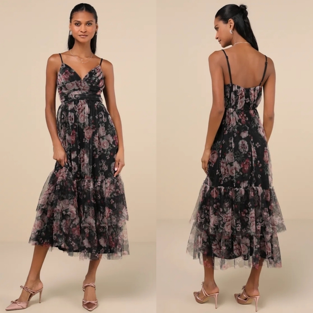 Lulus Extremely Fabulous Black Floral Mesh Tiered Midi Dress S Wedding Party